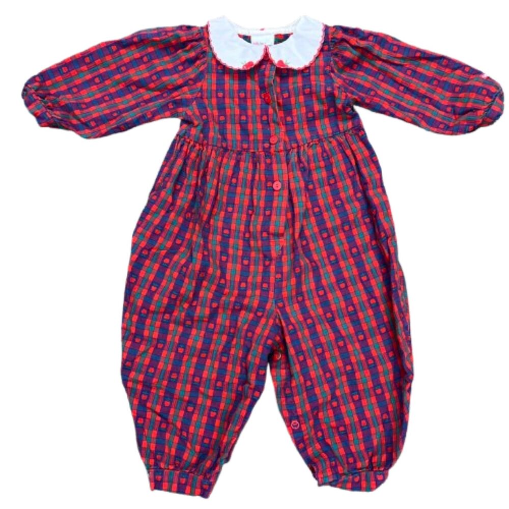Oshkosh Baby Red & Blue Plaid Apples Romper w/ Peter Pan Collar Size 18 months